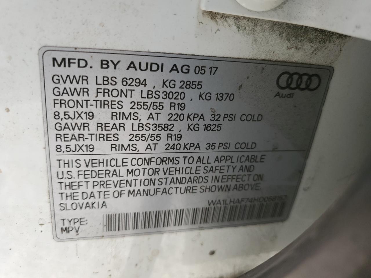 2017 Audi Q7 Premium Plus VIN: WA1LHAF74HD058157 Lot: 82328215