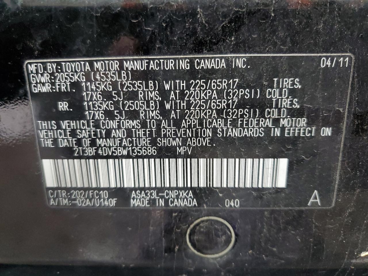 2011 Toyota Rav4 VIN: 2T3BF4DV5BW135686 Lot: 86645695