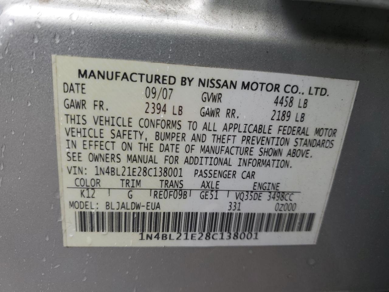 2008 Nissan Altima 3.5Se VIN: 1N4BL21E28C138001 Lot: 82286905