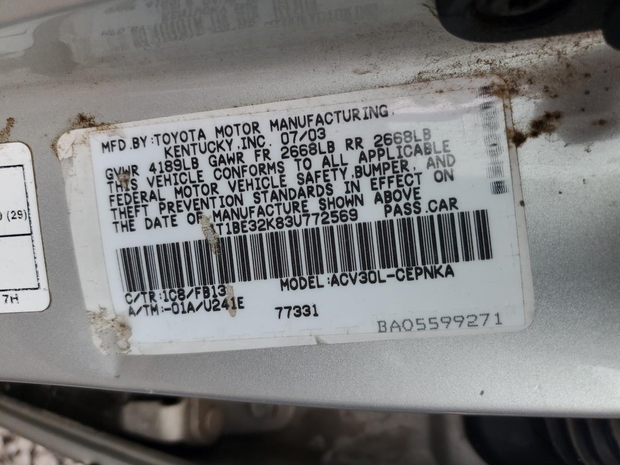 2003 Toyota Camry Le VIN: 4T1BE32K83U772569 Lot: 87109465