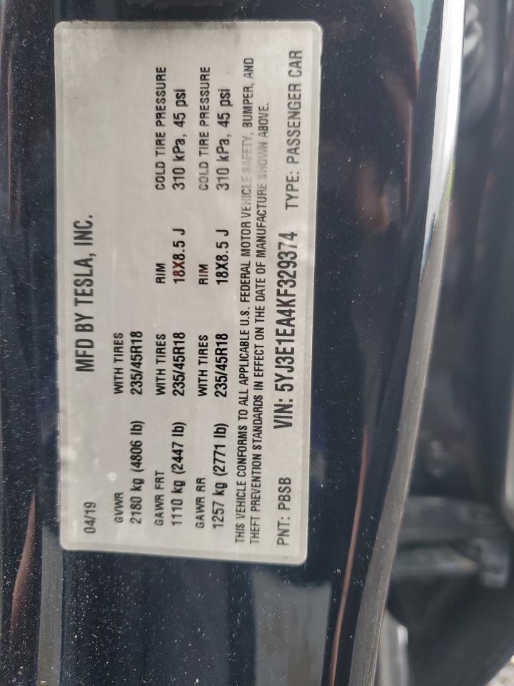 2019 Tesla Model 3 VIN: 5YJ3E1EA4KF329374 Lot: 85664955