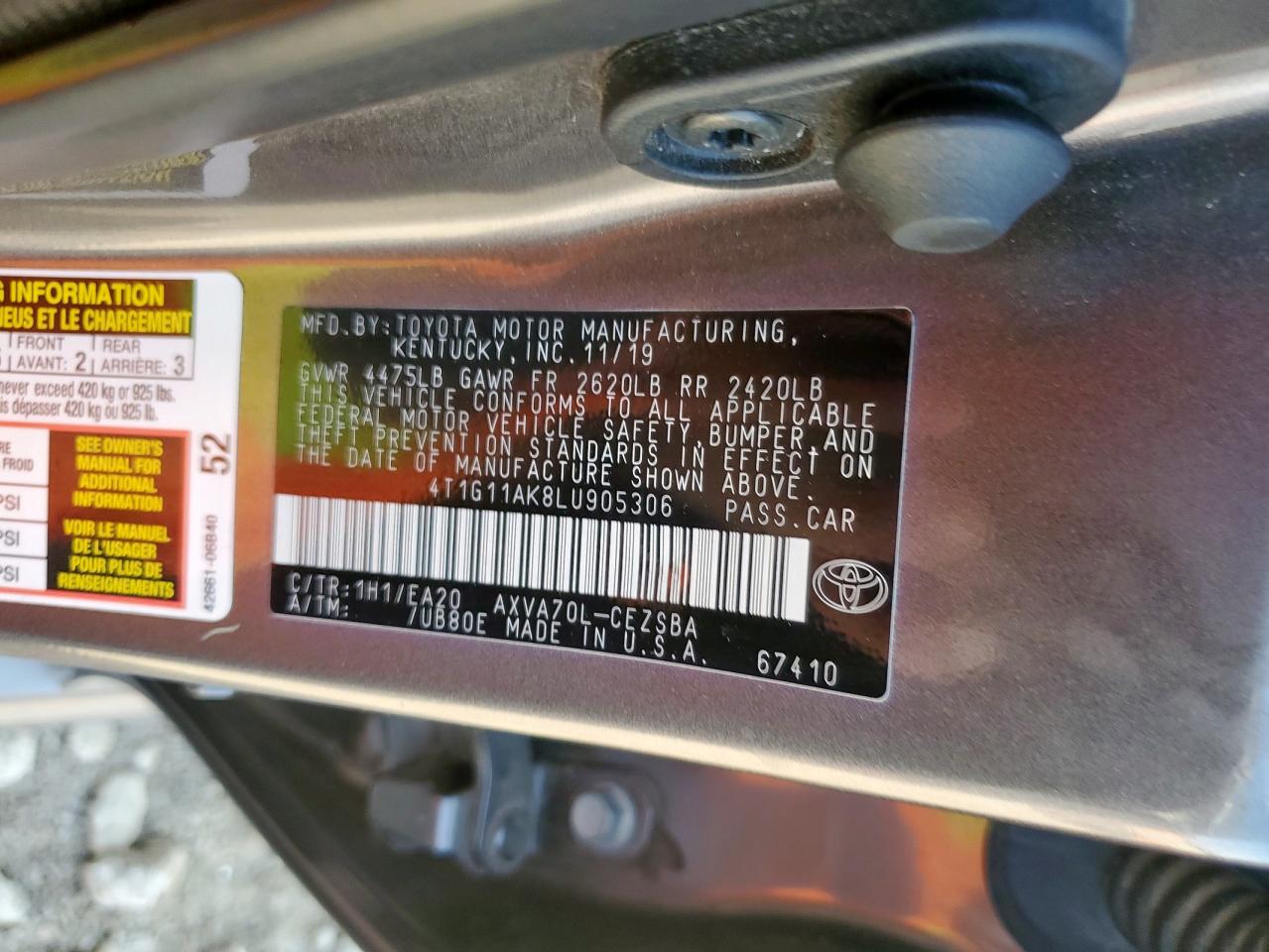 2020 Toyota Camry Se VIN: 4T1G11AK8LU905306 Lot: 81995375