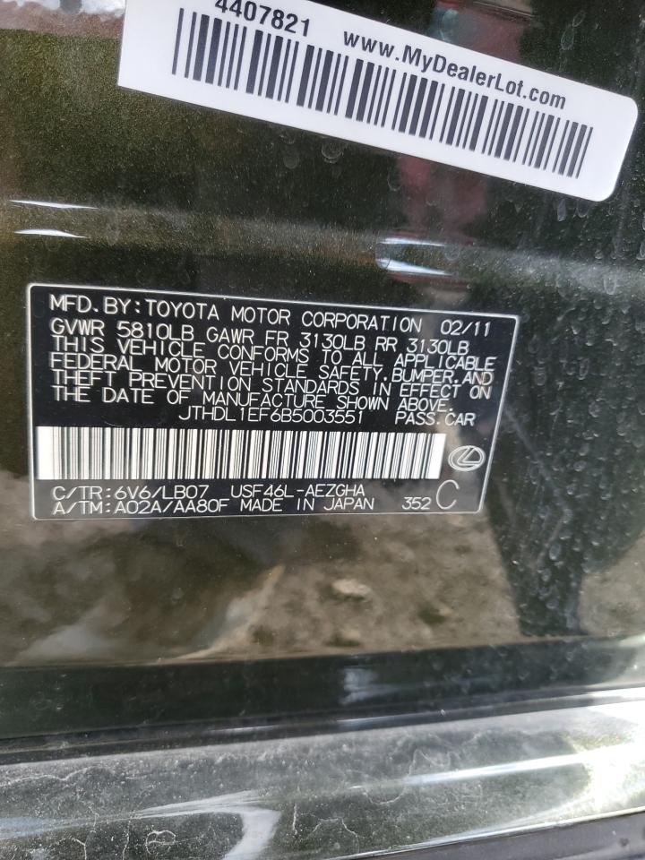 2011 Lexus Ls 460L VIN: JTHDL1EF6B5003551 Lot: 81645405