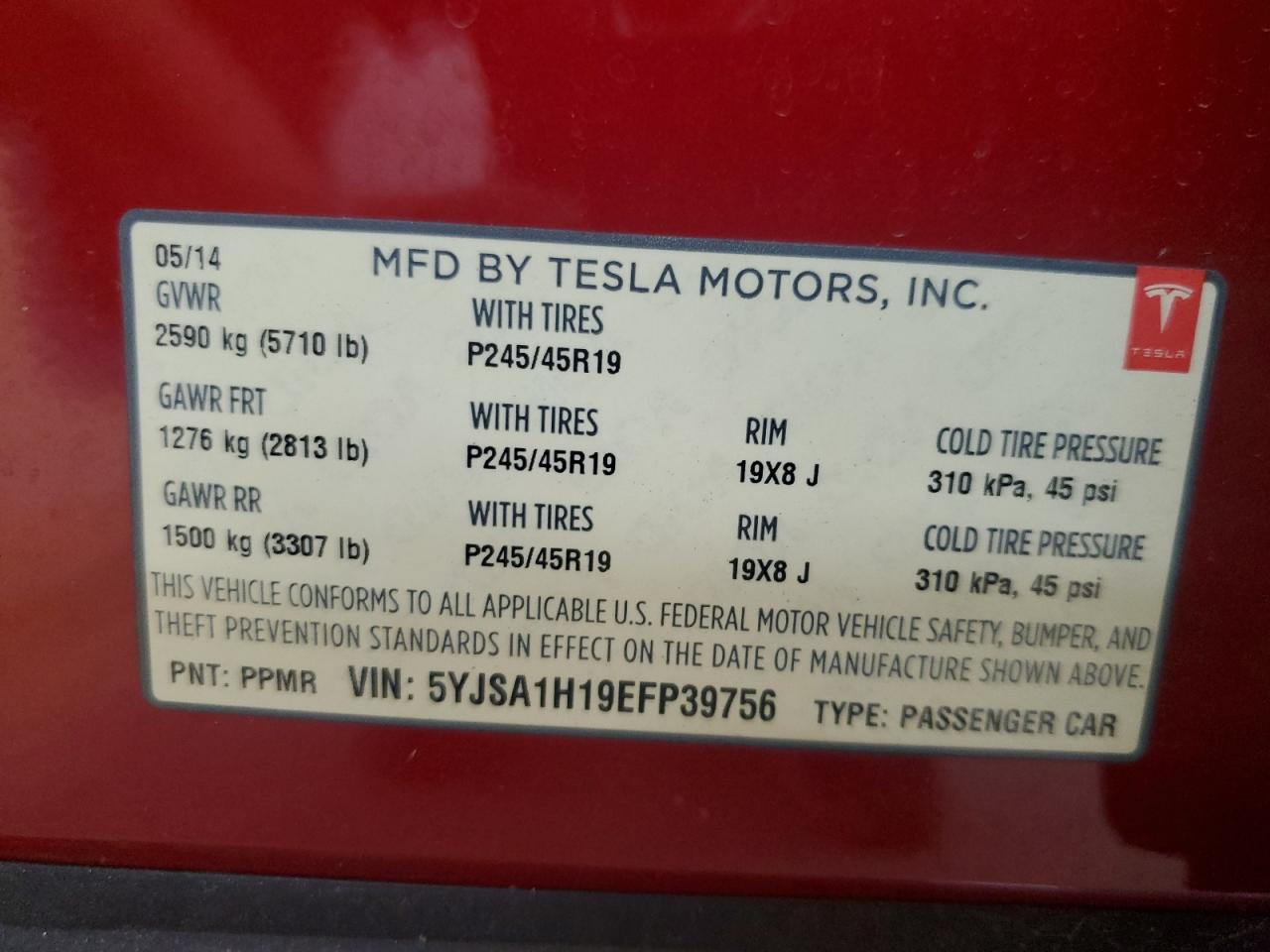 2014 Tesla Model S VIN: 5YJSA1H19EFP39756 Lot: 82398765