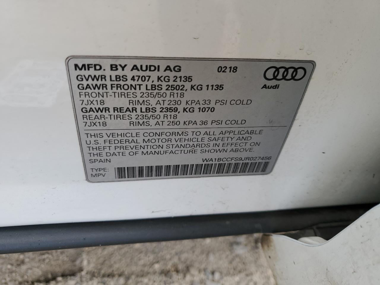 2018 Audi Q3 Premium VIN: WA1BCCFS9JR027456 Lot: 82219105