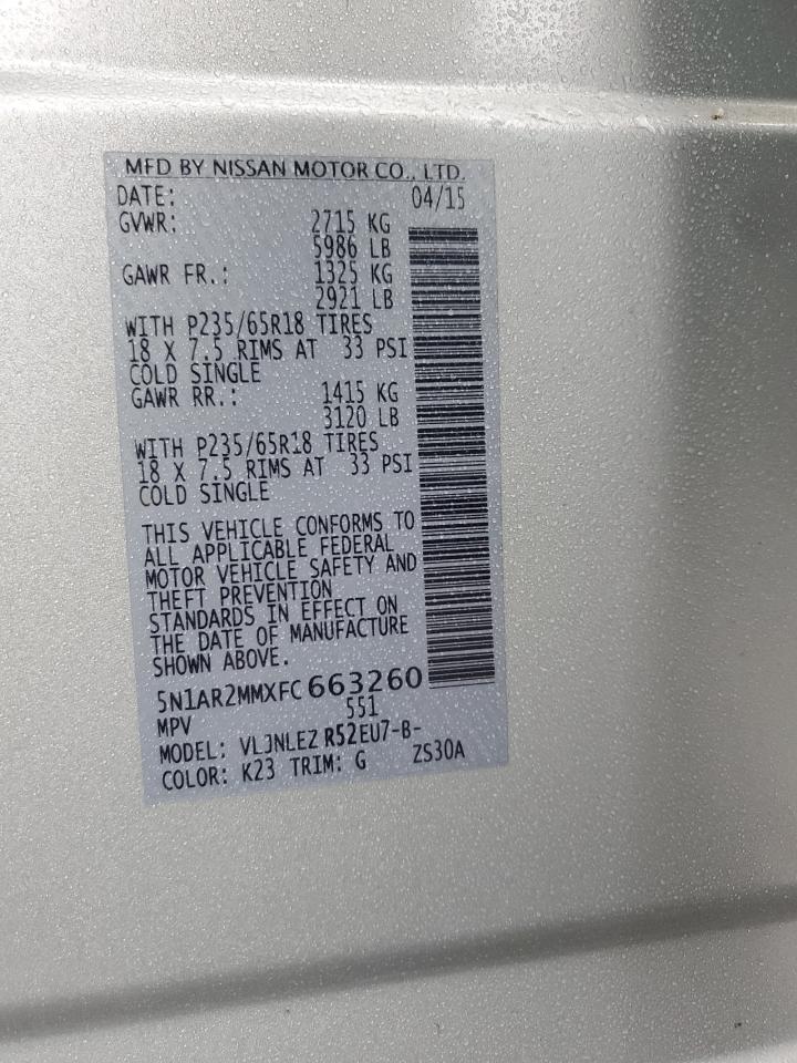 2015 Nissan Pathfinder S VIN: 5N1AR2MMXFC663260 Lot: 82413545