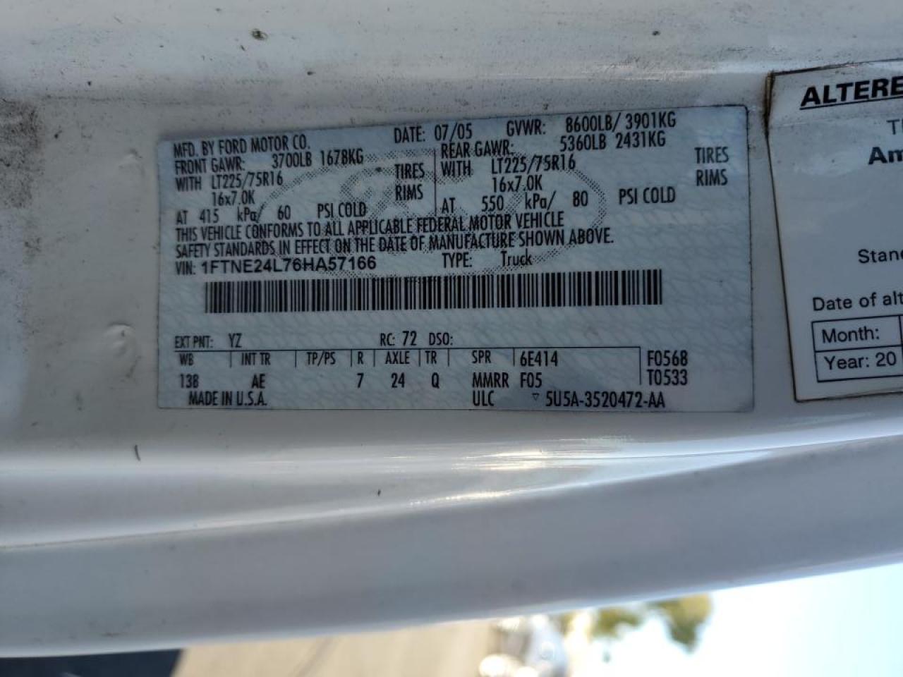 2006 Ford E-250 Delivery Van VIN: 1FTNE24L76HA57166 Lot: 90498965