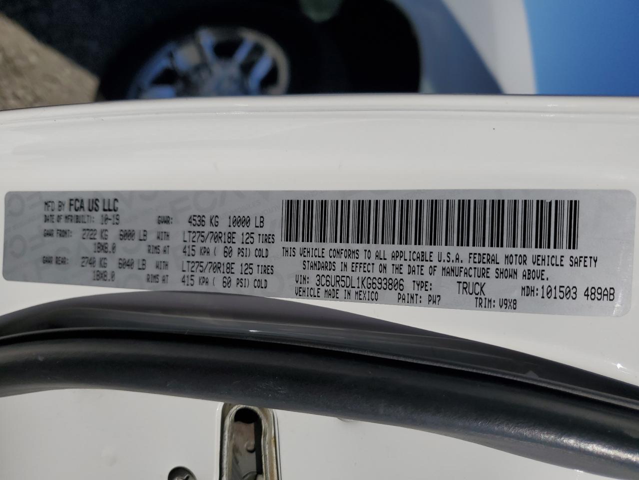 2019 Ram 2500 Big Horn VIN: 3C6UR5DL1KG693806 Lot: 87044515