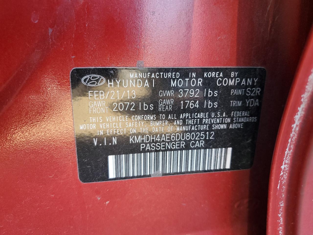 2013 Hyundai Elantra Gls VIN: KMHDH4AE6DU802512 Lot: 86110445