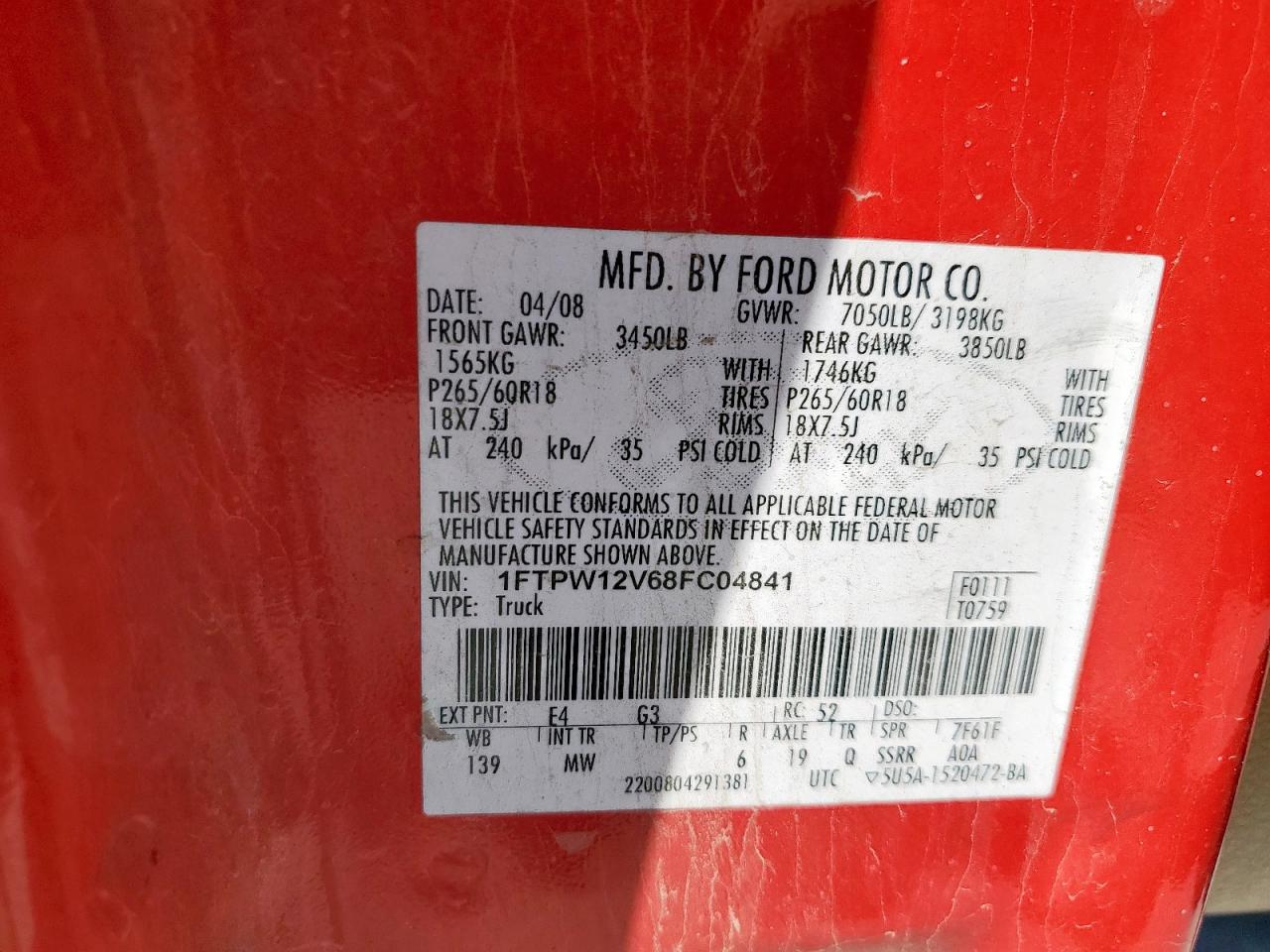 2008 Ford F150 Supercrew VIN: 1FTPW12V68FC04841 Lot: 90606345