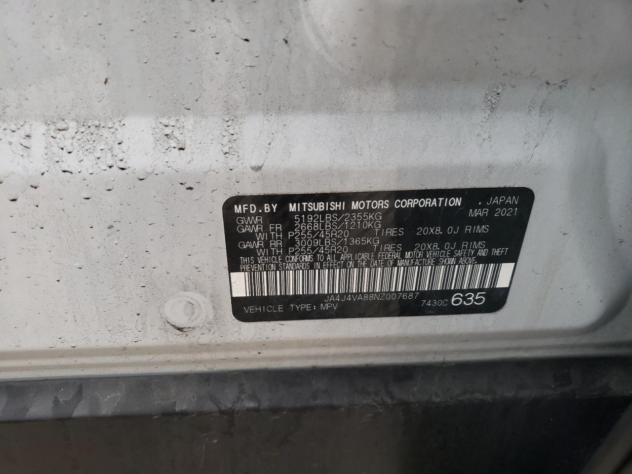 2022 Mitsubishi Outlander Sel VIN: JA4J4VA88NZ007687 Lot: 86076945