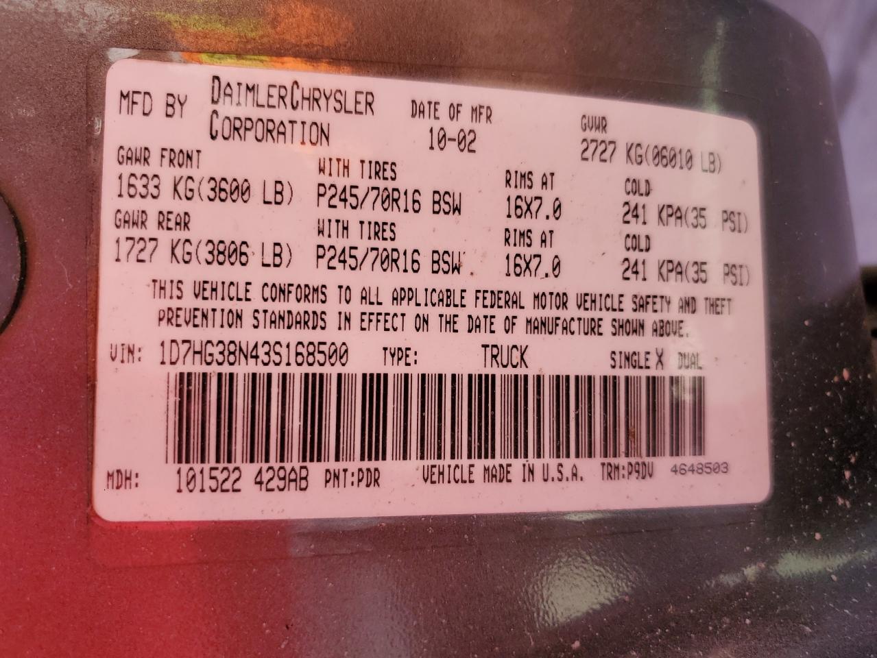 2003 Dodge Dakota Quad Sport VIN: 1D7HG38N43S168500 Lot: 87399235