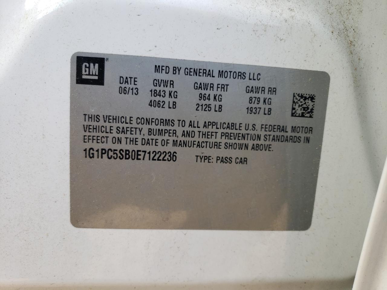 2014 Chevrolet Cruze Lt VIN: 1G1PC5SB0E7122236 Lot: 85270855