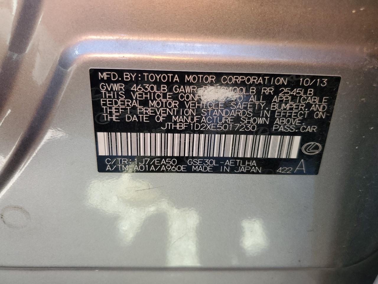 2014 Lexus Is 250 VIN: JTHBF1D2XE5017230 Lot: 89511115