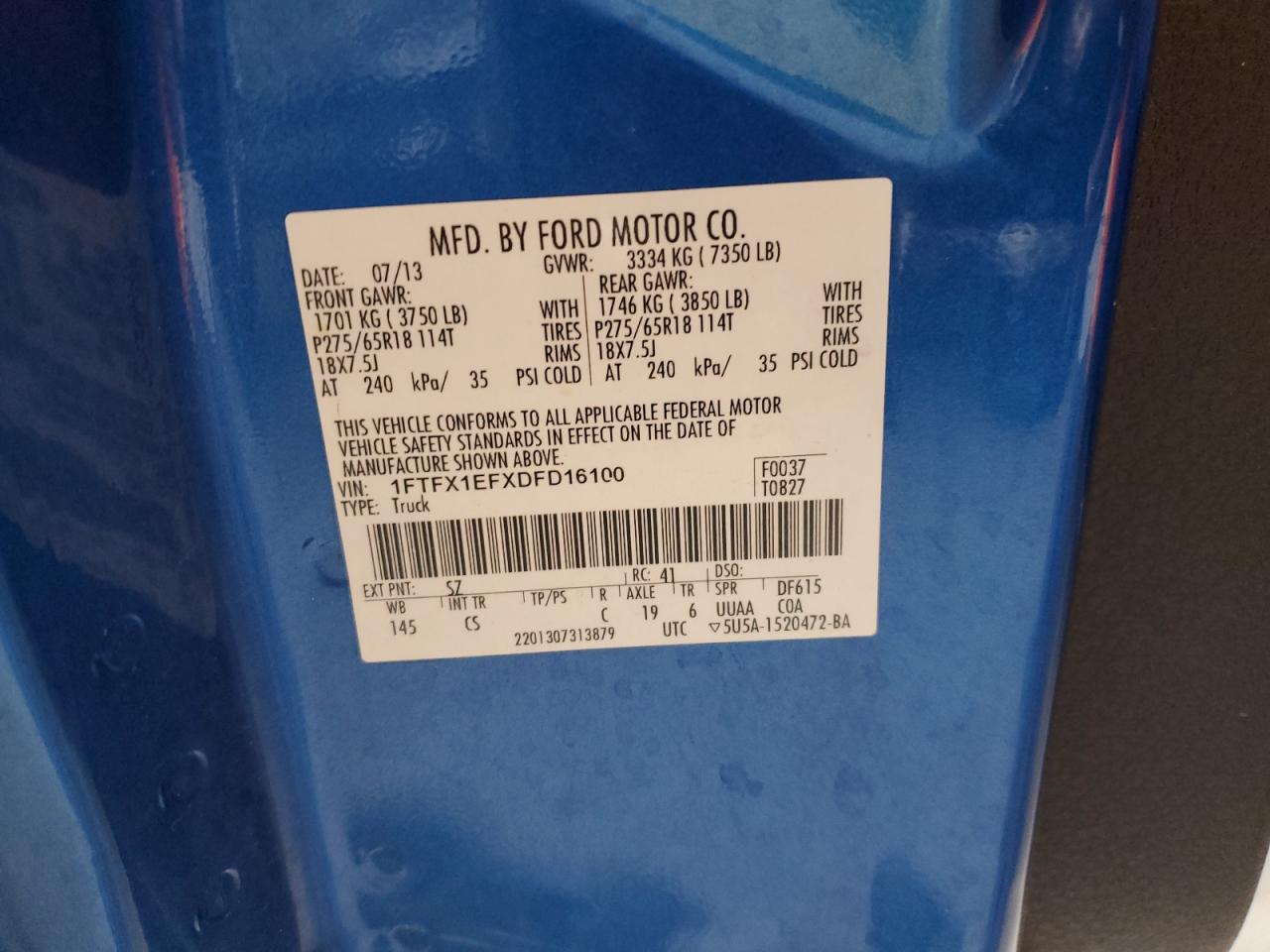 2013 Ford F150 Super Cab VIN: 1FTFX1EFXDFD16100 Lot: 89819155