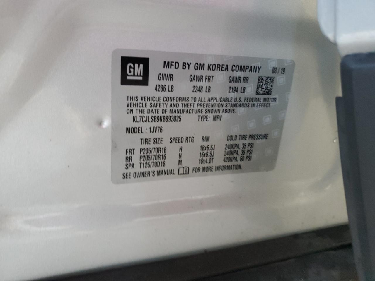 2019 Chevrolet Trax 1Lt VIN: KL7CJLSB9KB893025 Lot: 85118565