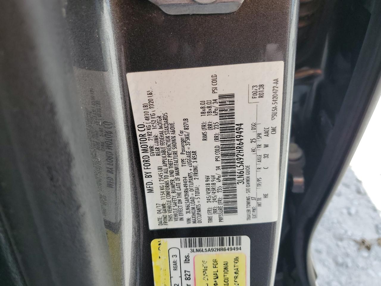 2017 Lincoln Mkz Premiere VIN: 3LN6L5A92HR649494 Lot: 87255385