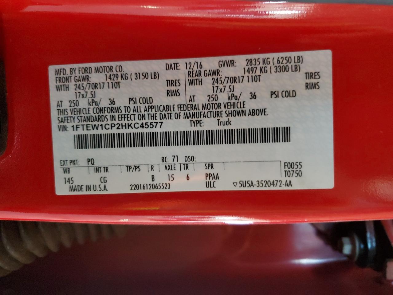 2017 Ford F150 Supercrew VIN: 1FTEW1CP2HKC45577 Lot: 85365995