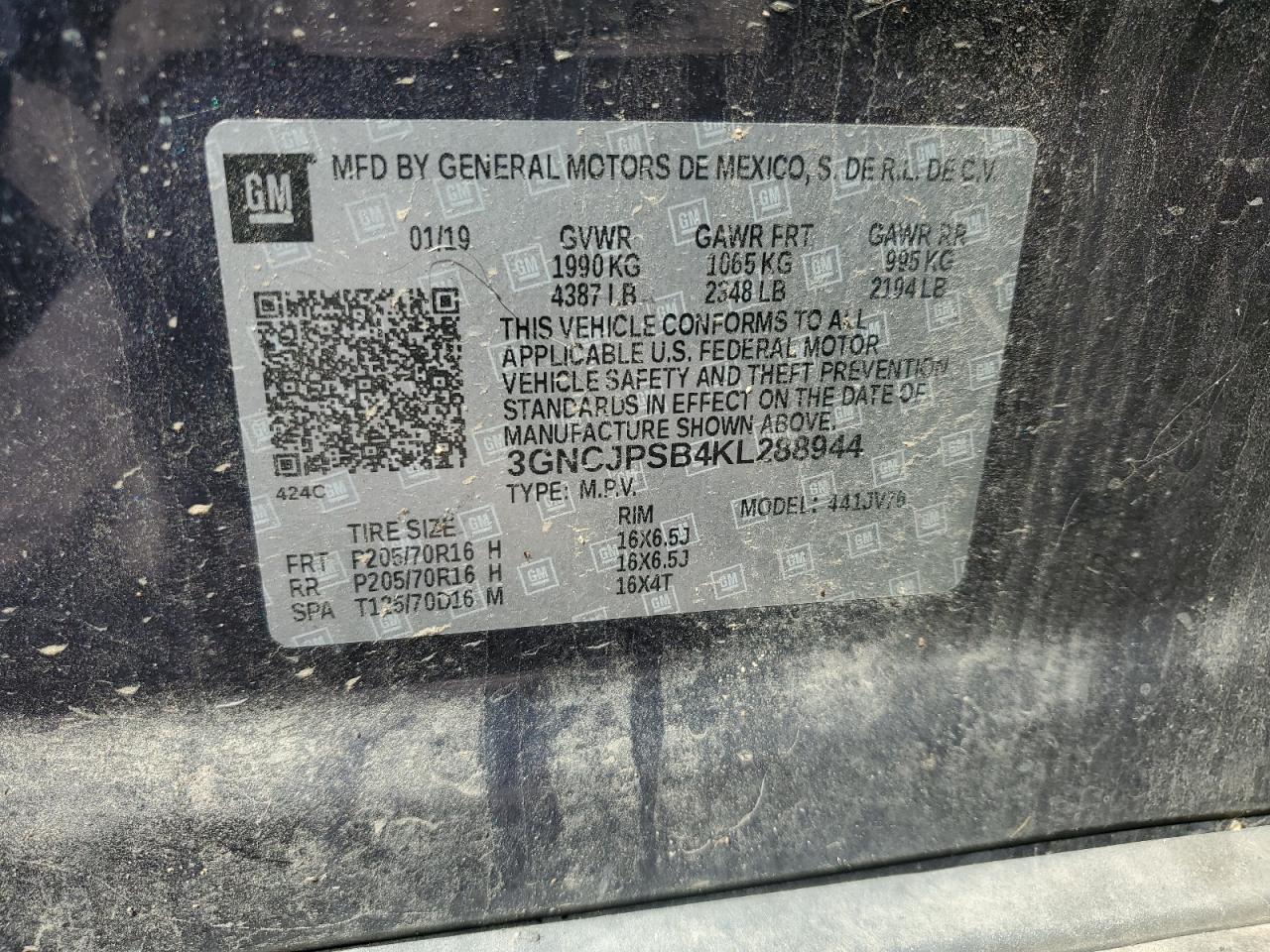 2019 Chevrolet Trax 1Lt VIN: 3GNCJPSB4KL288944 Lot: 81940695