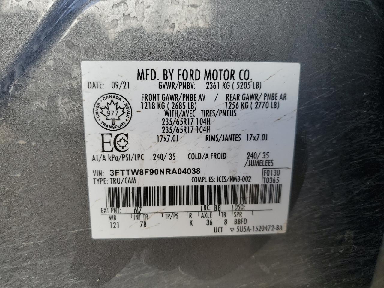 2022 Ford Maverick Xl VIN: 3FTTW8F90NRA04038 Lot: 85864795