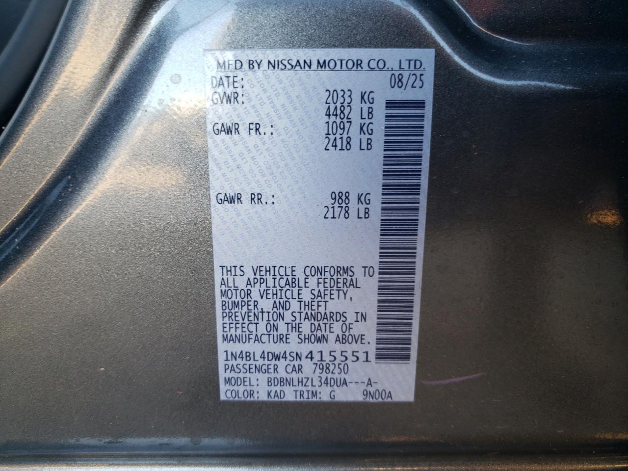 2025 Nissan Altima Sv VIN: 1N4BL4DW4SN415551 Lot: 85855625