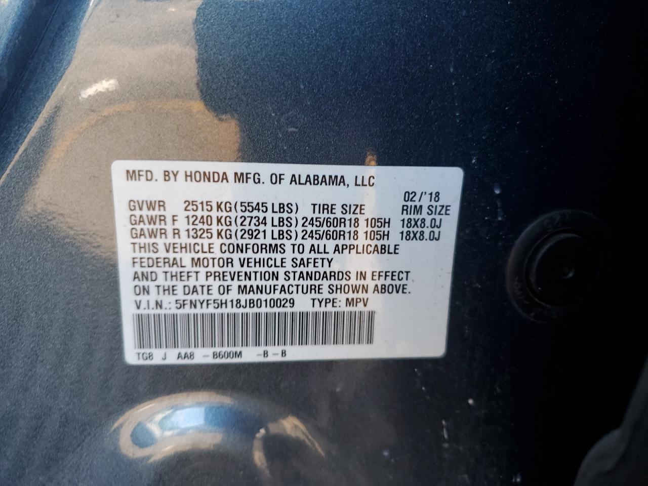 2018 Honda Pilot Lx VIN: 5FNYF5H18JB010029 Lot: 82527935