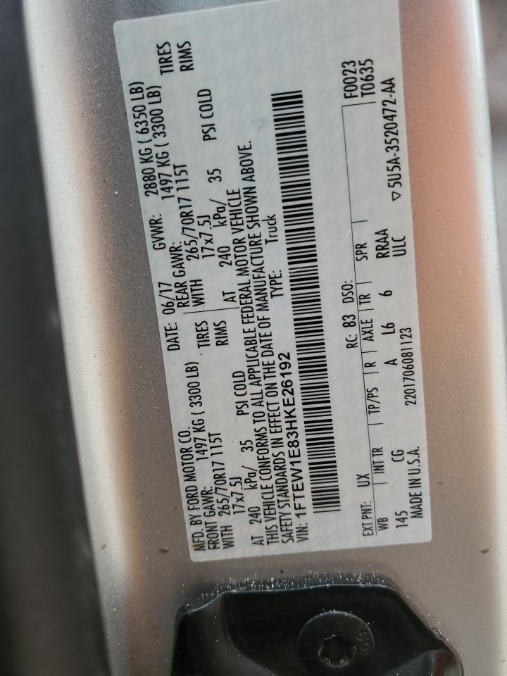 2017 Ford F150 Supercrew VIN: 1FTEW1E83HKE26192 Lot: 82723315