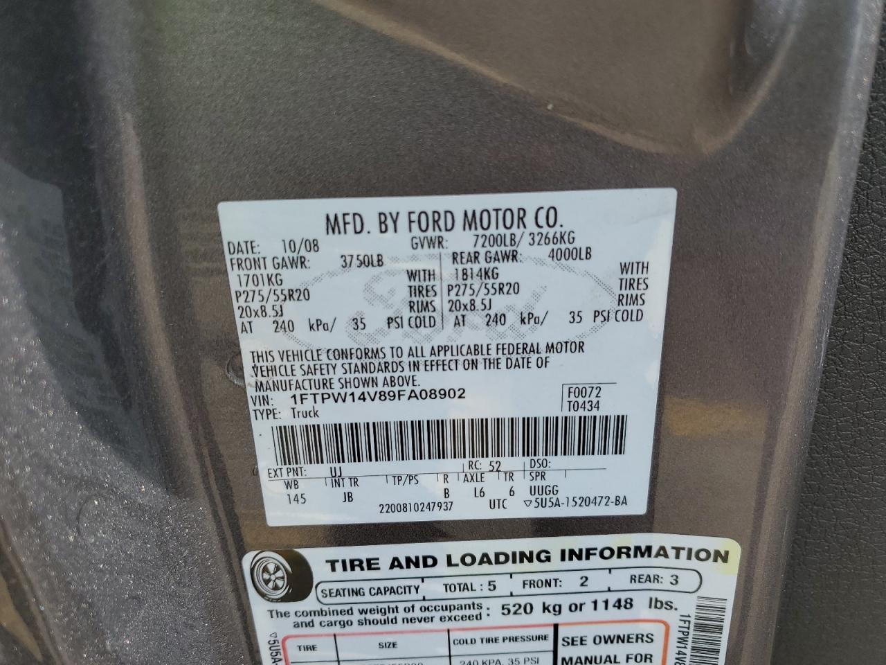 2009 Ford F150 Supercrew VIN: 1FTPW14V89FA08902 Lot: 85494785