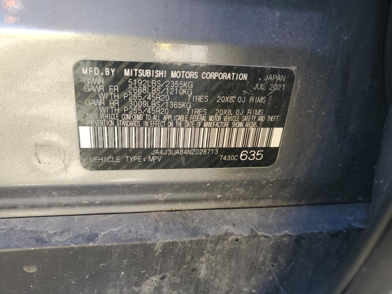 2022 Mitsubishi Outlander Se VIN: JA4J3UA84NZ028713 Lot: 87445495