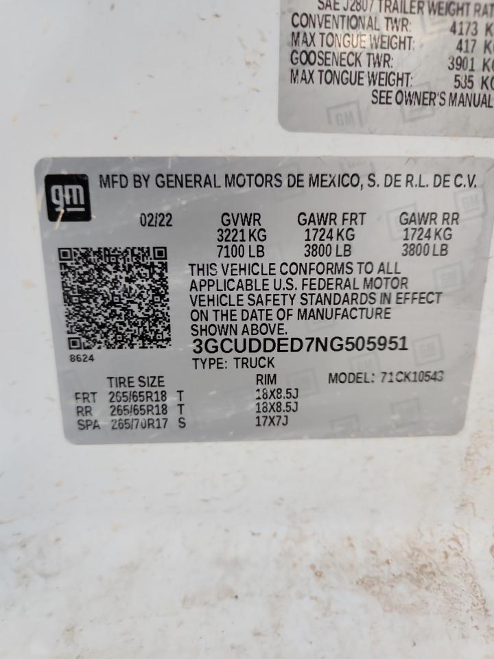2022 Chevrolet Silverado K1500 Lt VIN: 3GCUDDED7NG505951 Lot: 87438985
