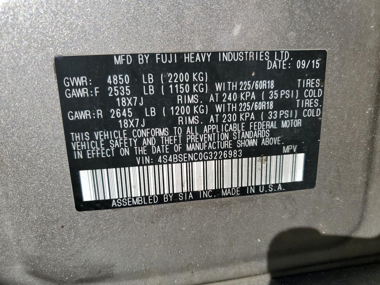 2016 Subaru Outback 3.6R Limited VIN: 4S4BSENC0G3226983 Lot: 85344655