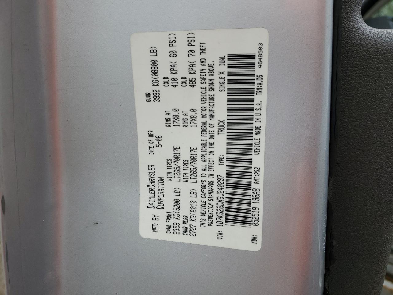 2006 Dodge Ram 2500 St VIN: 1D7KS28DX6J240297 Lot: 82405985
