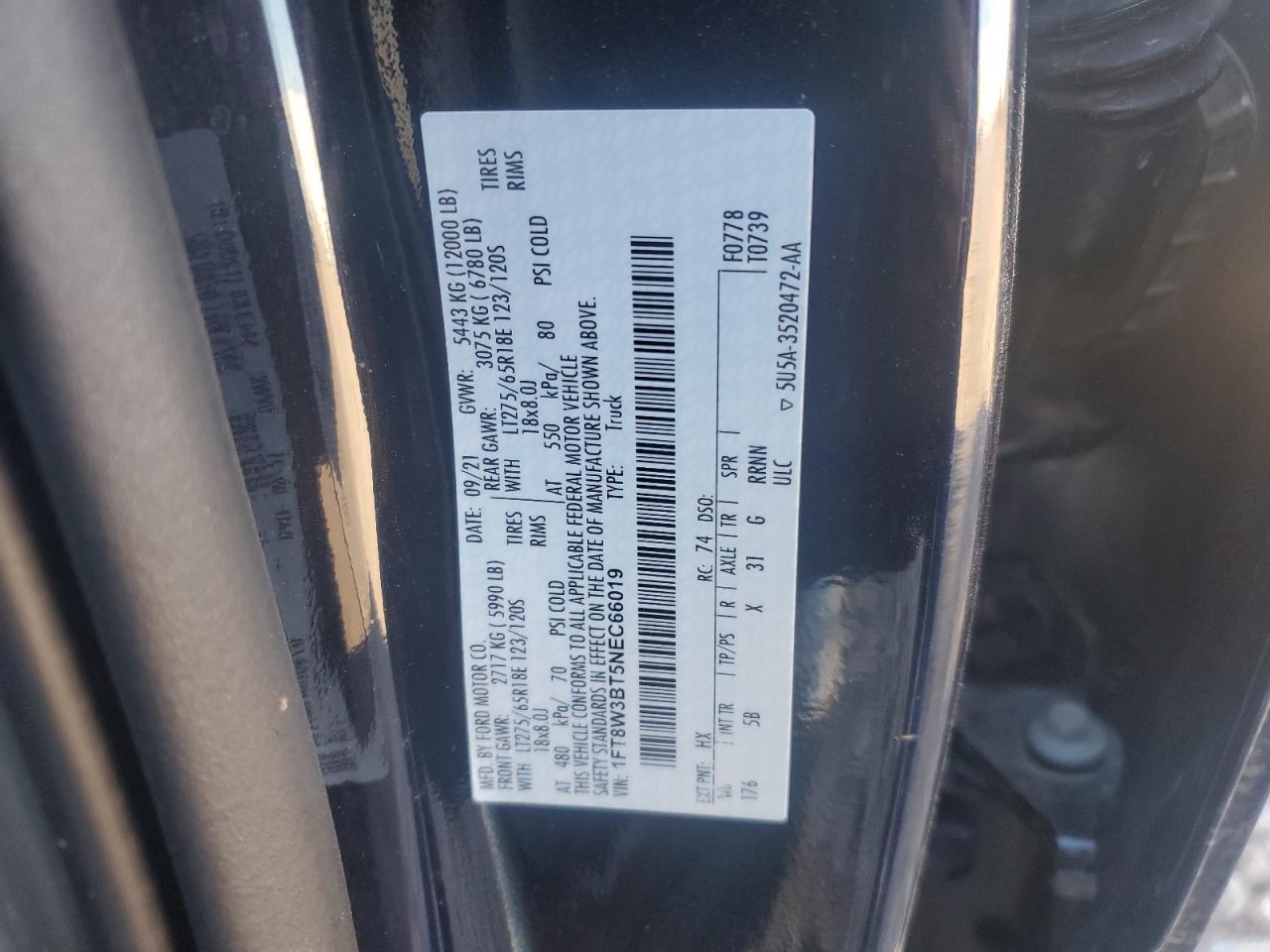 2022 Ford F350 Super Duty VIN: 1FT8W3BT5NEC66019 Lot: 90359985