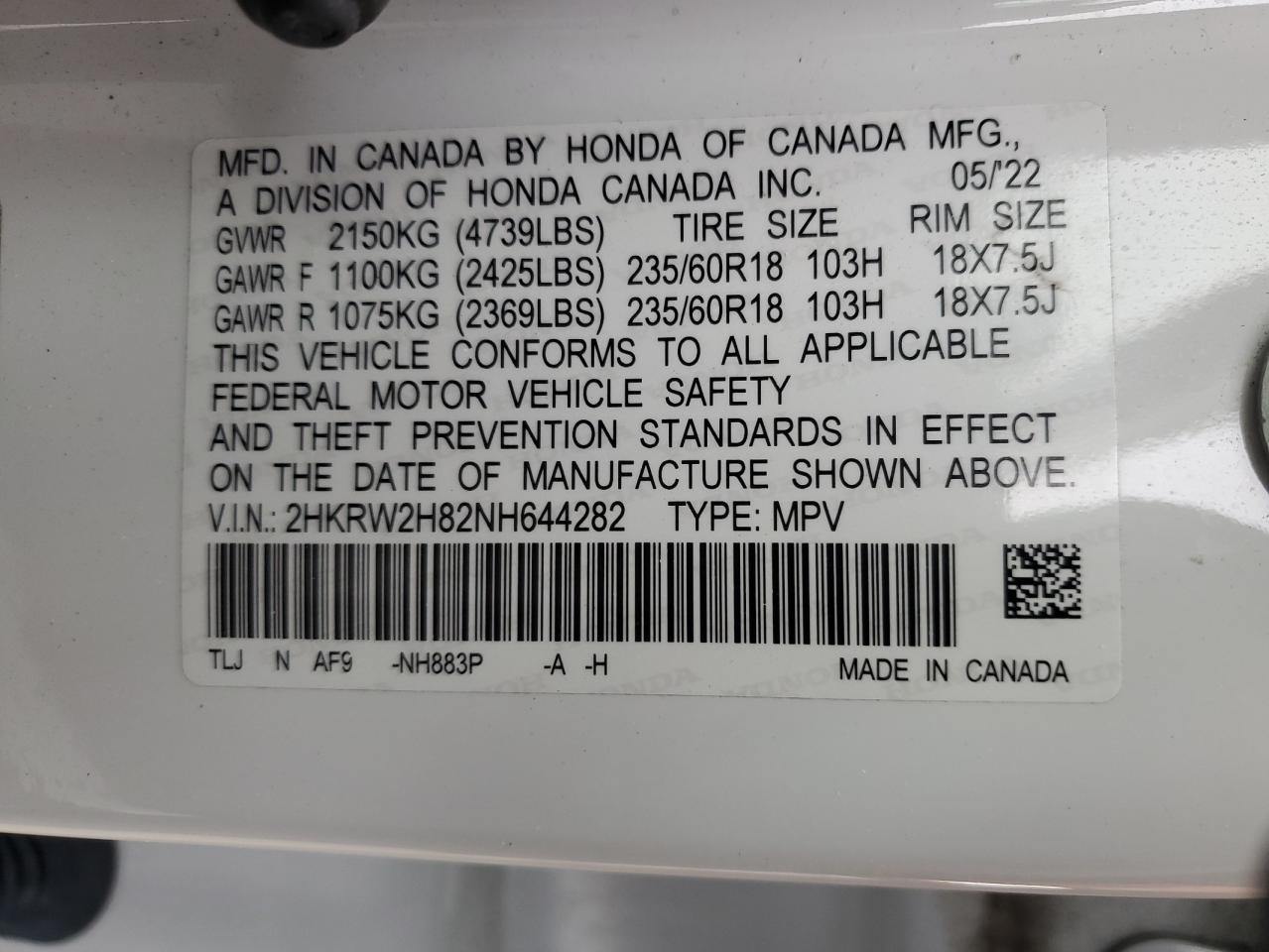 2022 Honda Cr-V Exl VIN: 2HKRW2H82NH644282 Lot: 85550775