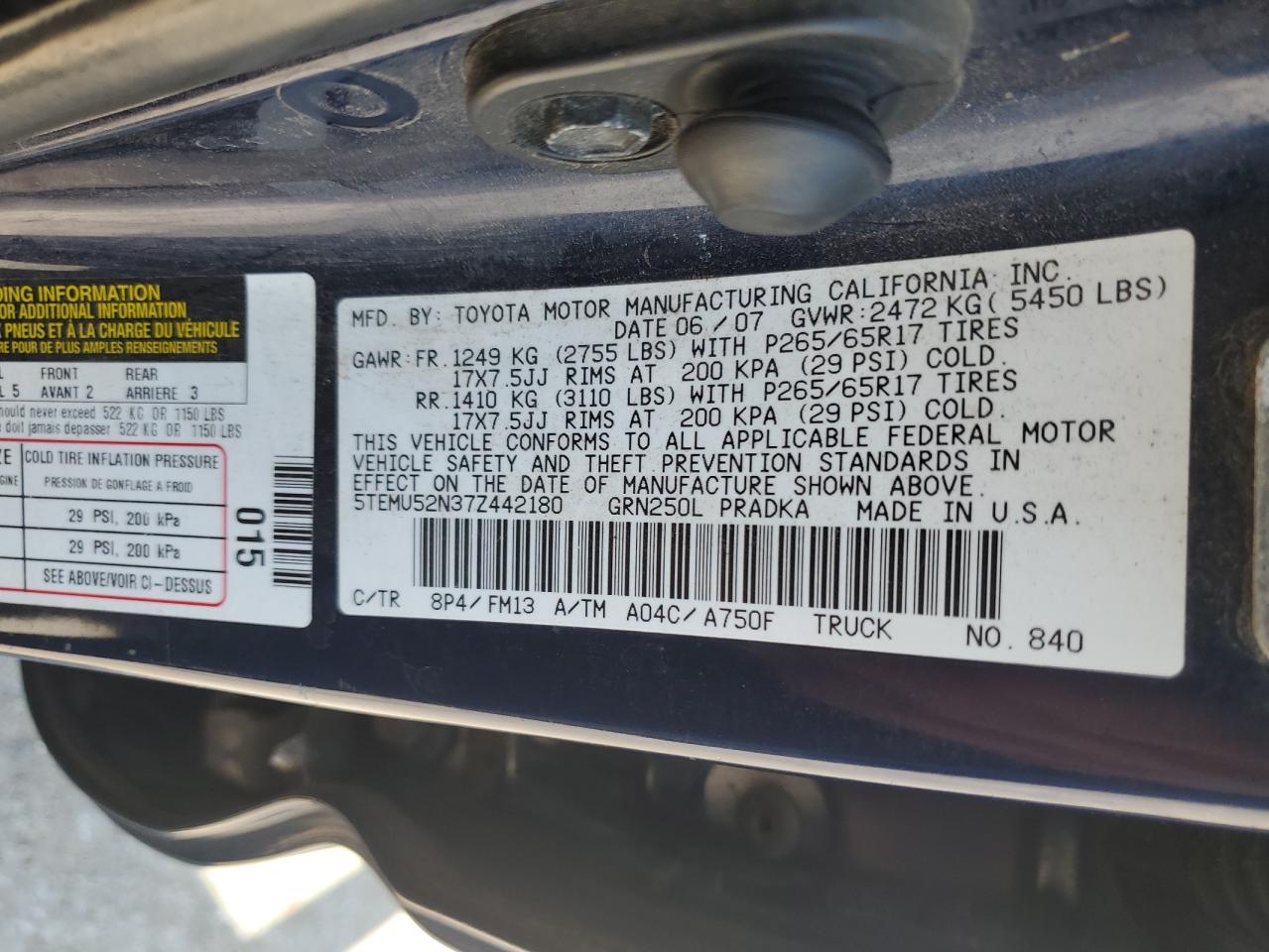 2007 Toyota Tacoma Double Cab Long Bed VIN: 5TEMU52N37Z442180 Lot: 84459885