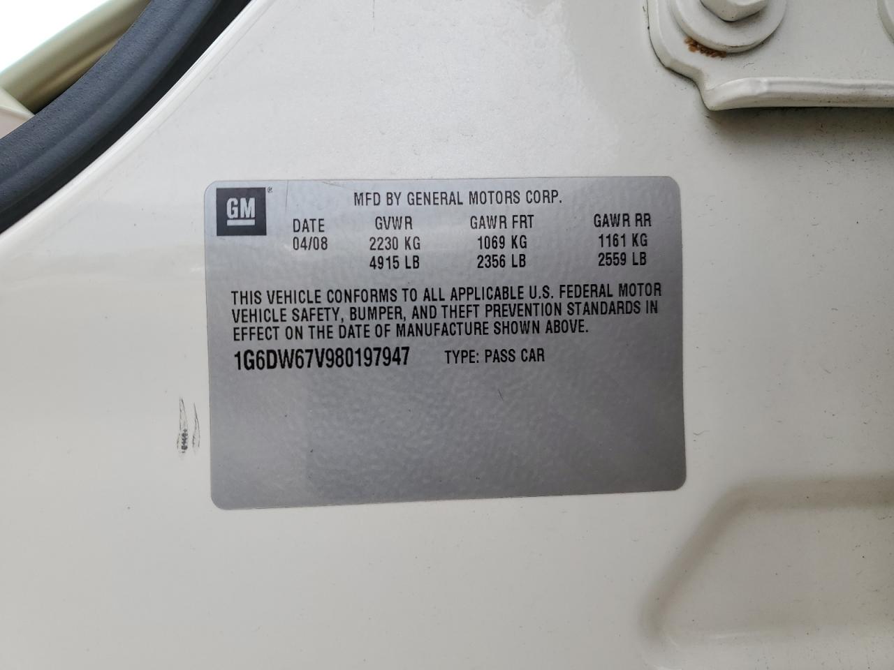 2008 Cadillac Sts VIN: 1G6DW67V980197947 Lot: 85865335