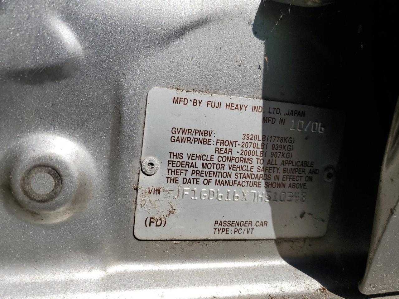 2007 Subaru Impreza 2. VIN: JF1GD61X7H510348 Lot: 80543365