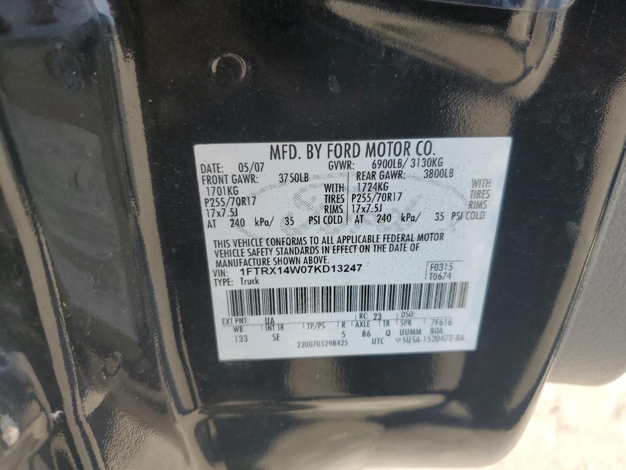 2007 Ford F150 VIN: 1FTRX14W07KD13247 Lot: 81963345