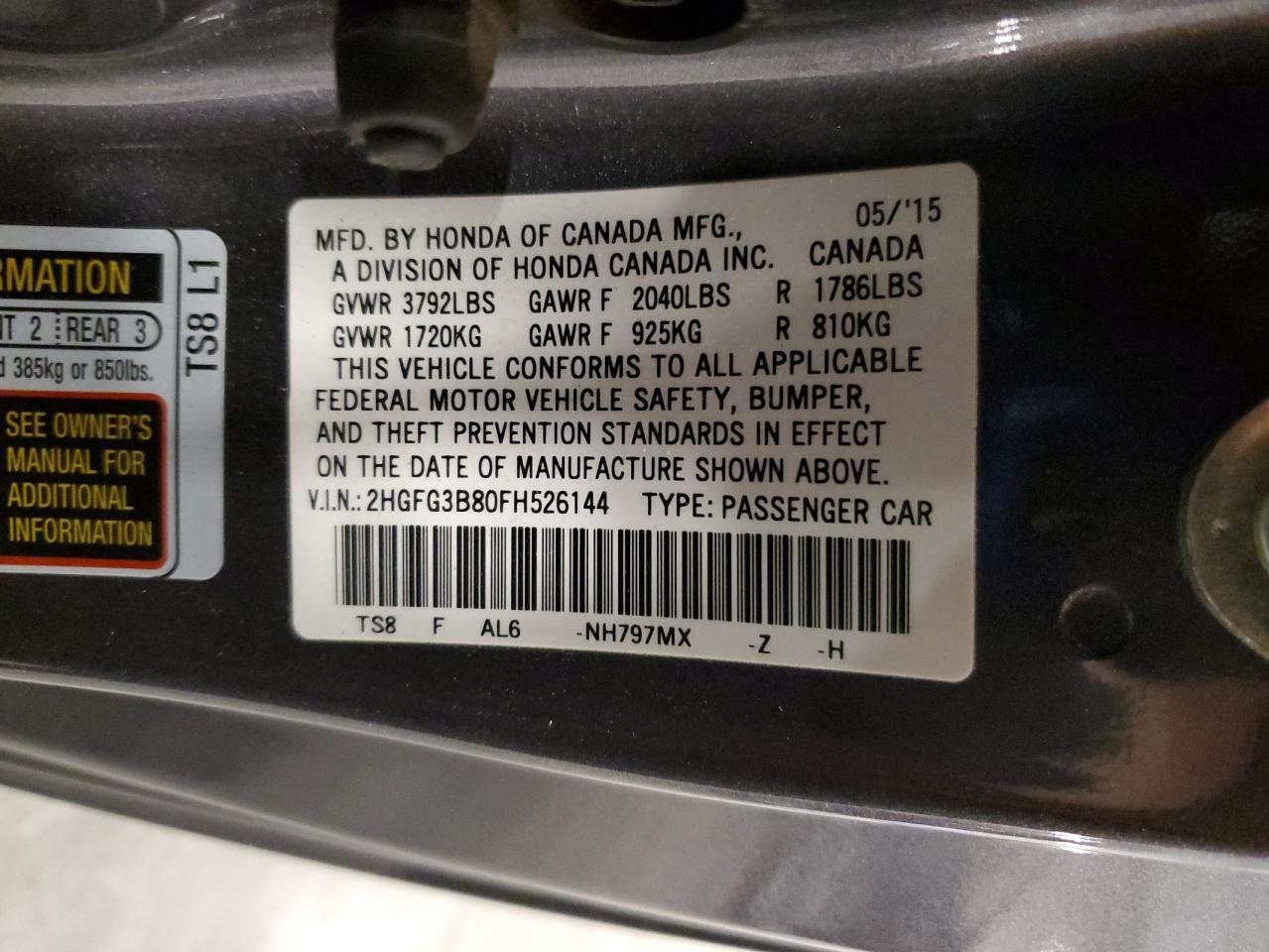 2015 Honda Civic Ex VIN: 2HGFG3B80FH526144 Lot: 81844715