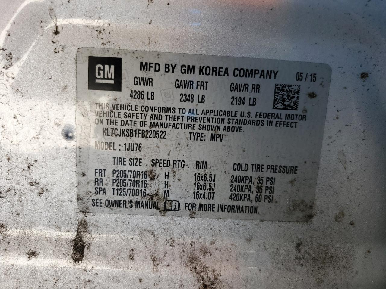 2015 Chevrolet Trax Ls VIN: KL7CJKSB1FB220522 Lot: 86654065