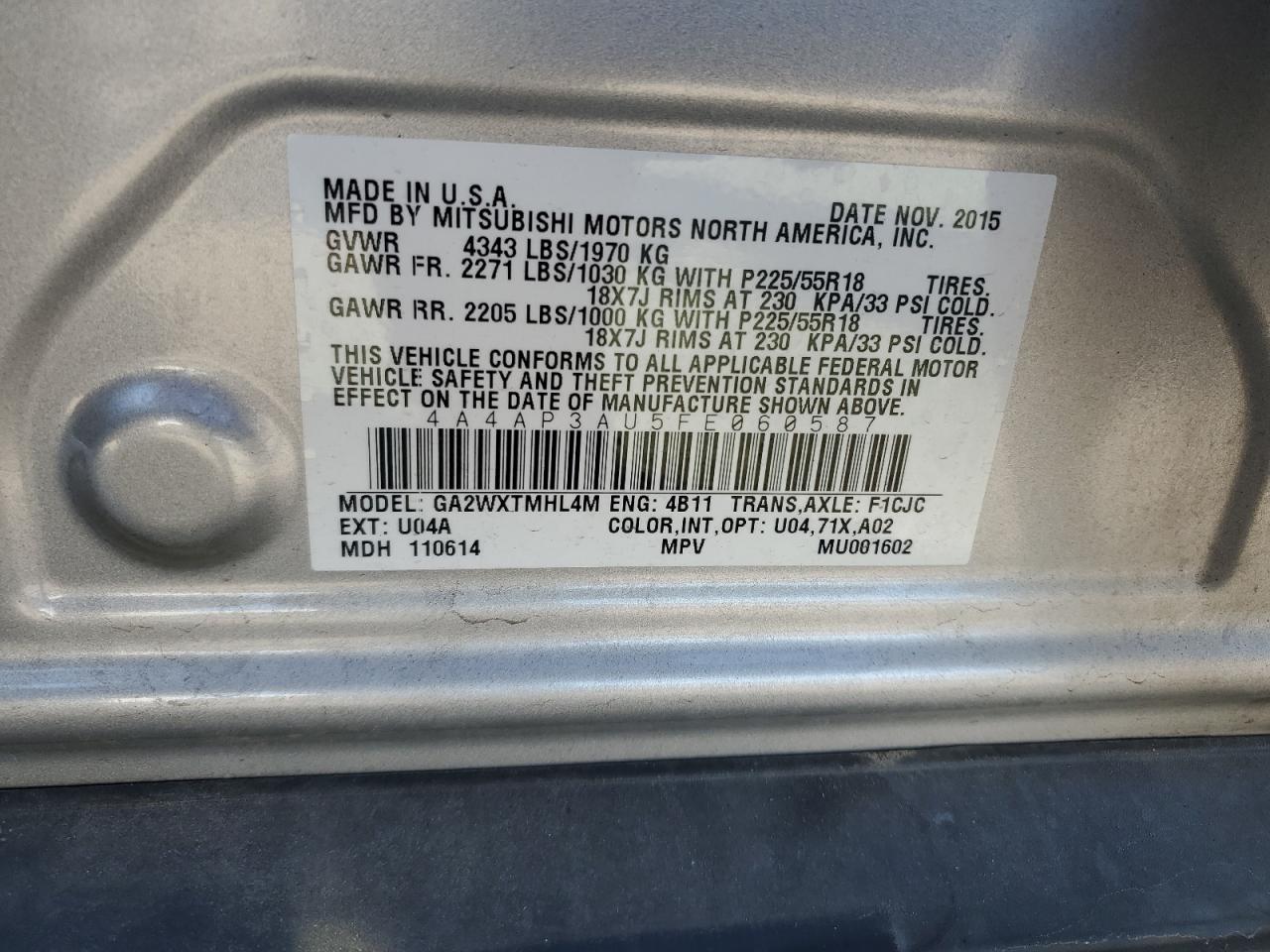 2015 Mitsubishi Outlander Sport Es VIN: 4A4AP3AU5FE060587 Lot: 85355245