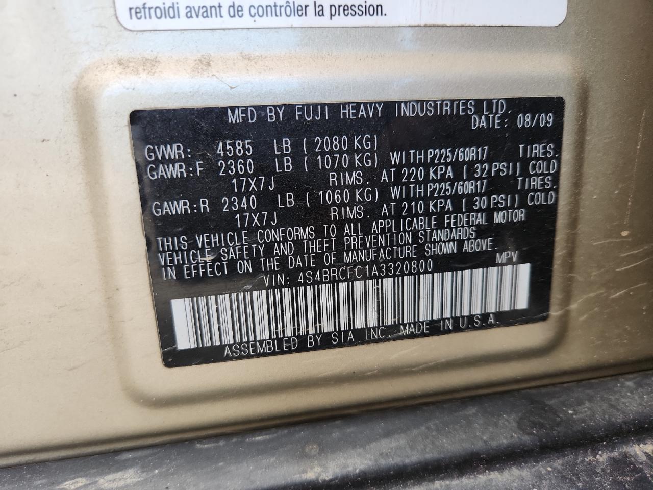 2010 Subaru Outback 2.5I Premium VIN: 4S4BRCFC1A3320800 Lot: 84300075