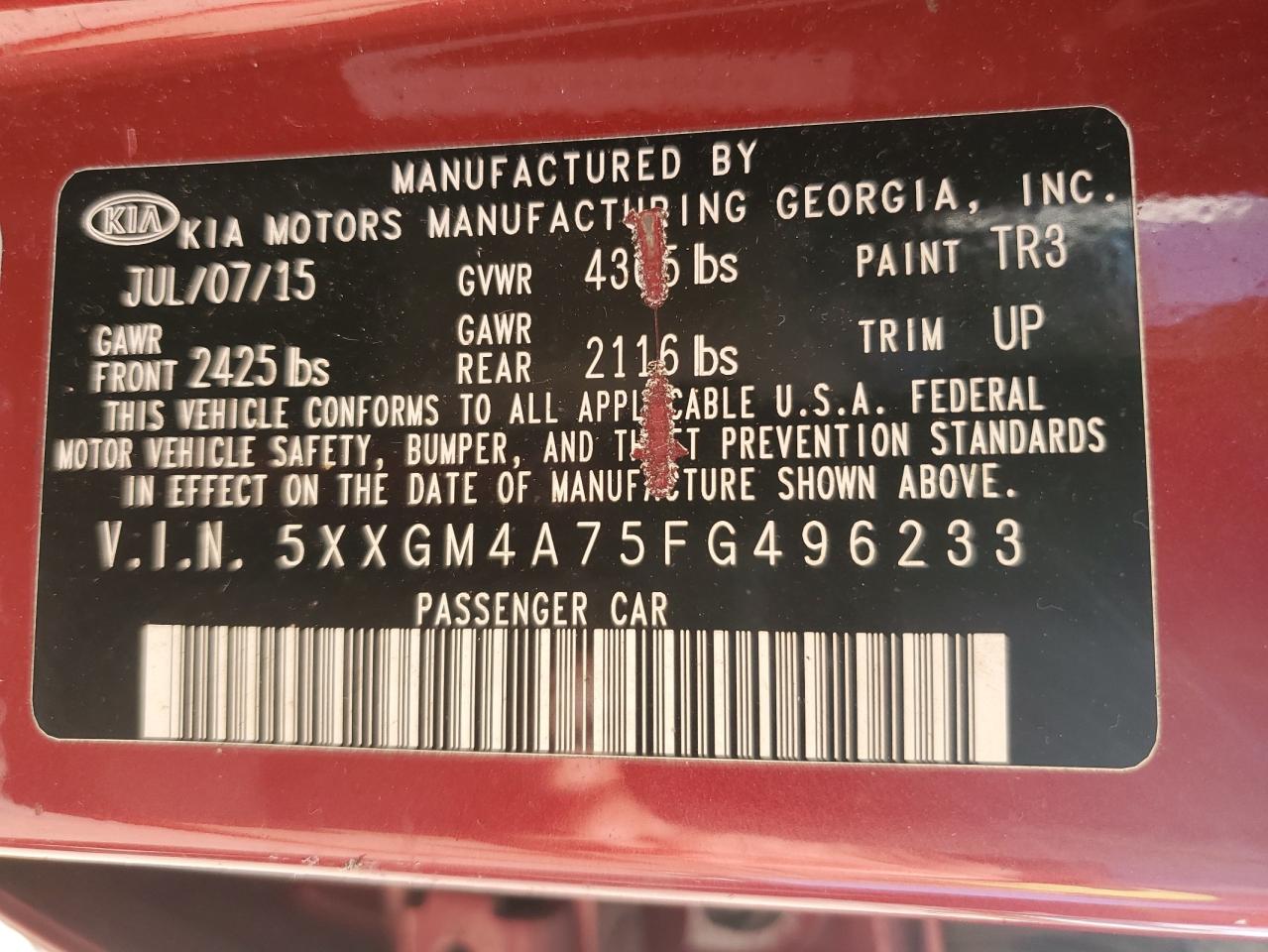 2015 Kia Optima Lx VIN: 5XXGM4A75FG496233 Lot: 82242875