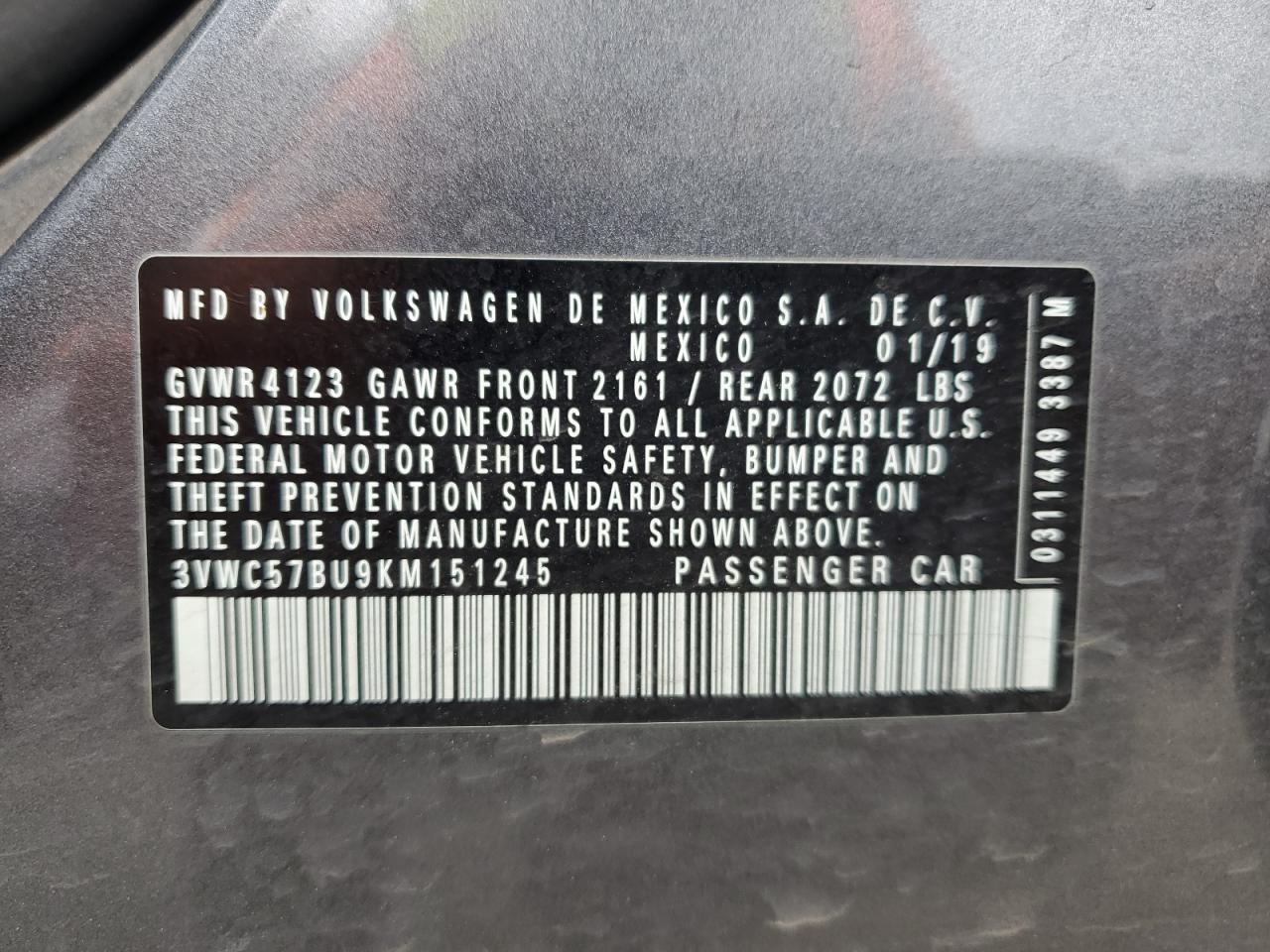 2019 Volkswagen Jetta S VIN: 3VWC57BU9KM151245 Lot: 86273205