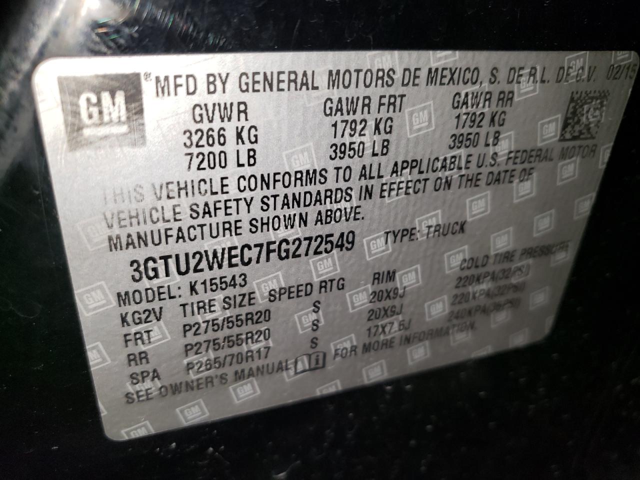 2015 GMC Sierra K1500 Denali VIN: 3GTU2WEC7FG272549 Lot: 87122755