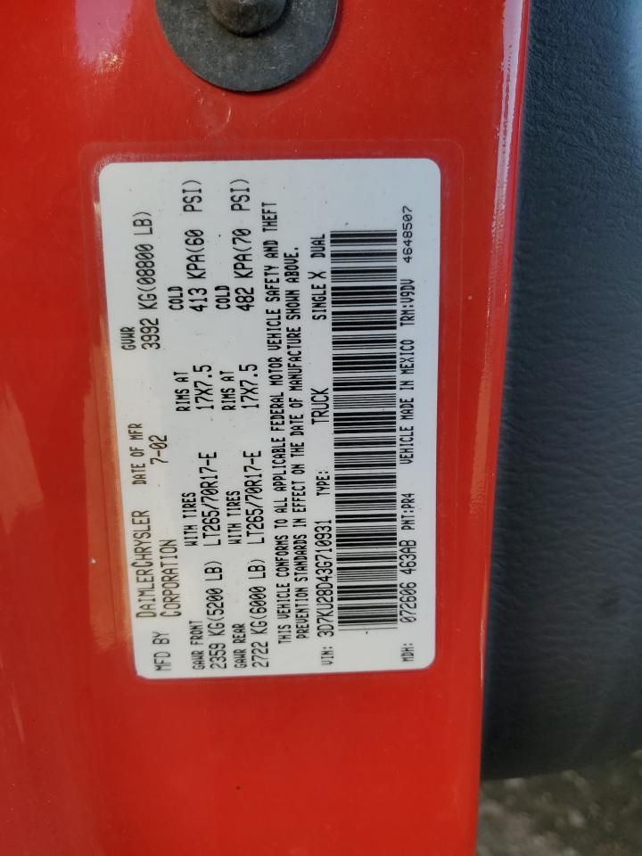 2003 Dodge Ram 2500 St VIN: 3D7KU28D43G710931 Lot: 85729225