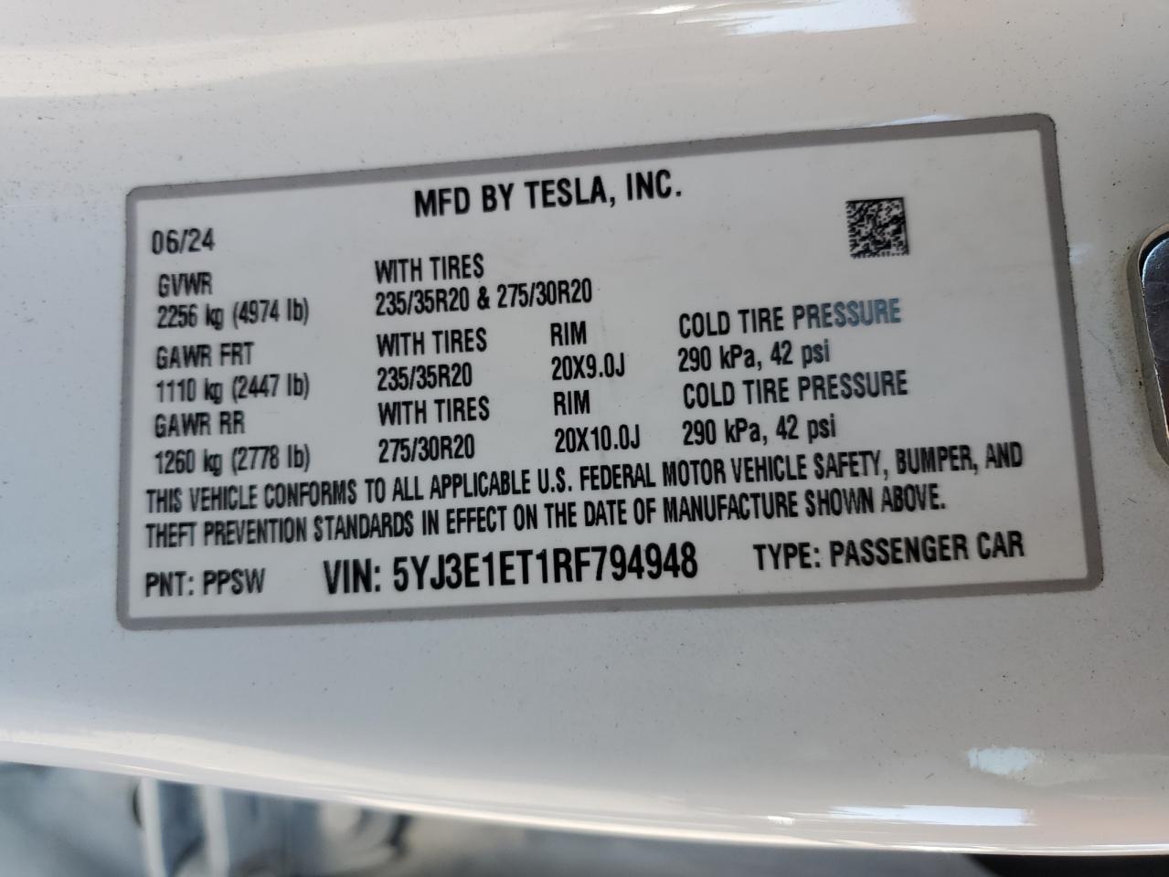 2024 Tesla Model 3 VIN: 5YJ3E1ET1RF794948 Lot: 90433355