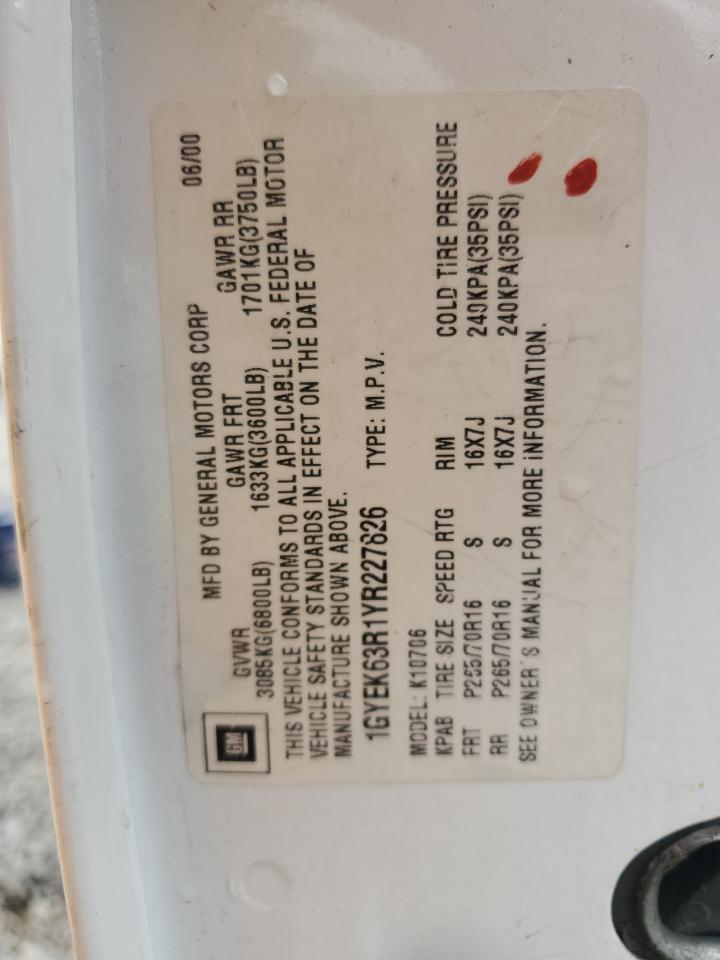 2000 Cadillac Escalade Luxury VIN: 1GYEK63R1YR227826 Lot: 86548275