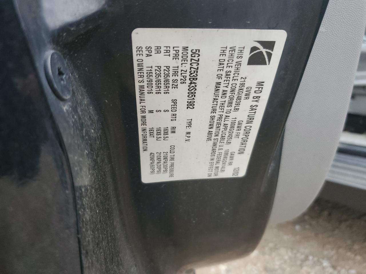 2003 Saturn Vue VIN: 5GZCZ53B43S851982 Lot: 86117375