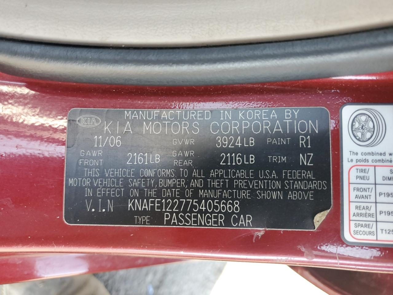 2007 Kia Spectra Ex VIN: KNAFE122775405668 Lot: 90851505